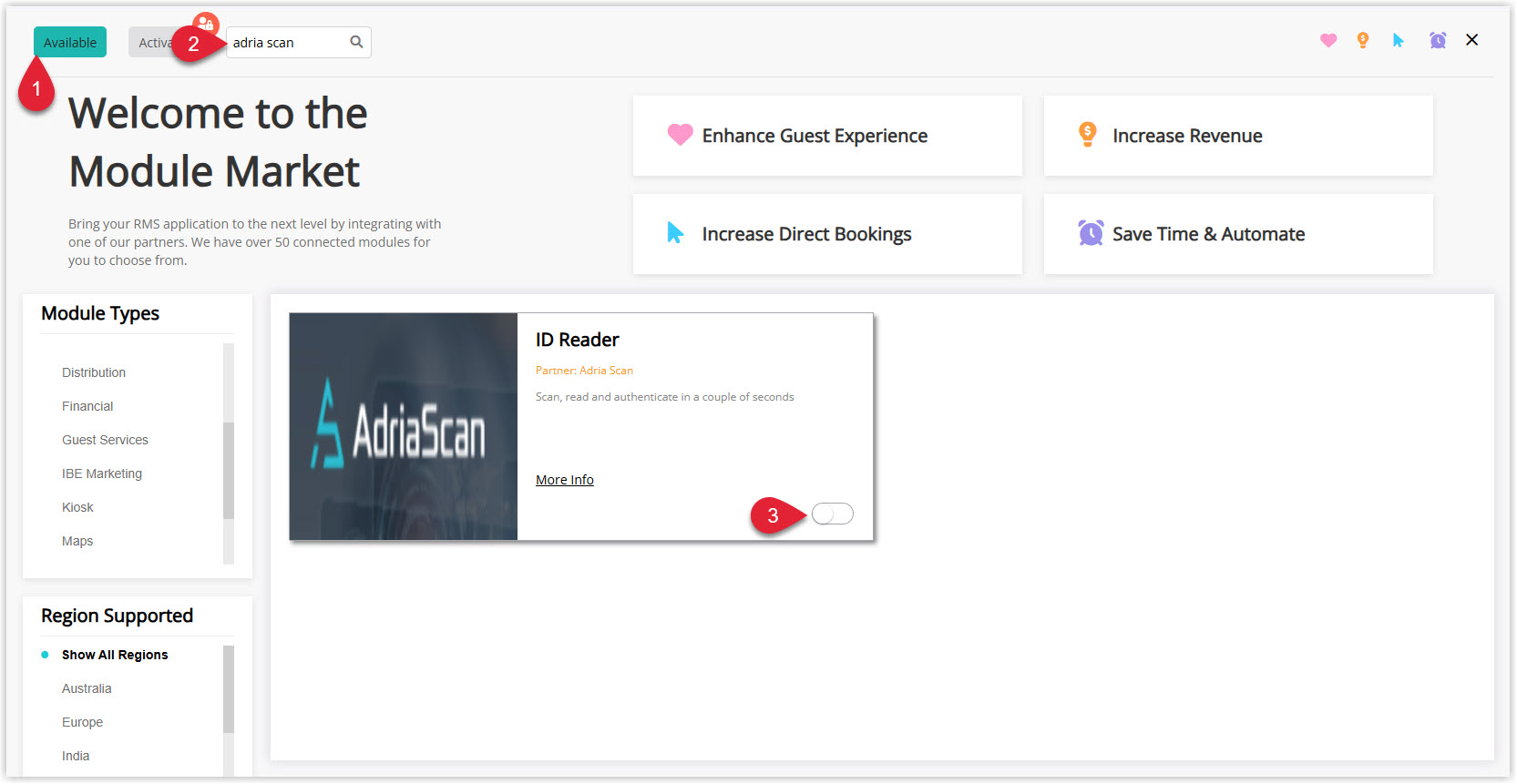 Annotated screenshot of the Module Market in RMS showing the ID Reader module by Partner Adria Scan with the activation toggle highlighted