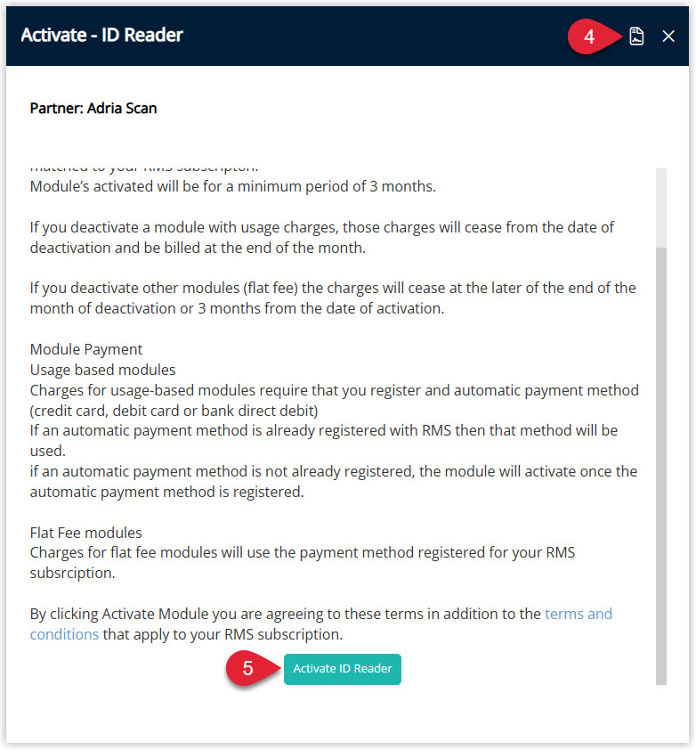Annotated screenshot of the Module Market activation panel in RMS showing the terms for the Adria Scan ID Reader module with the Activate ID Reader button highlighted