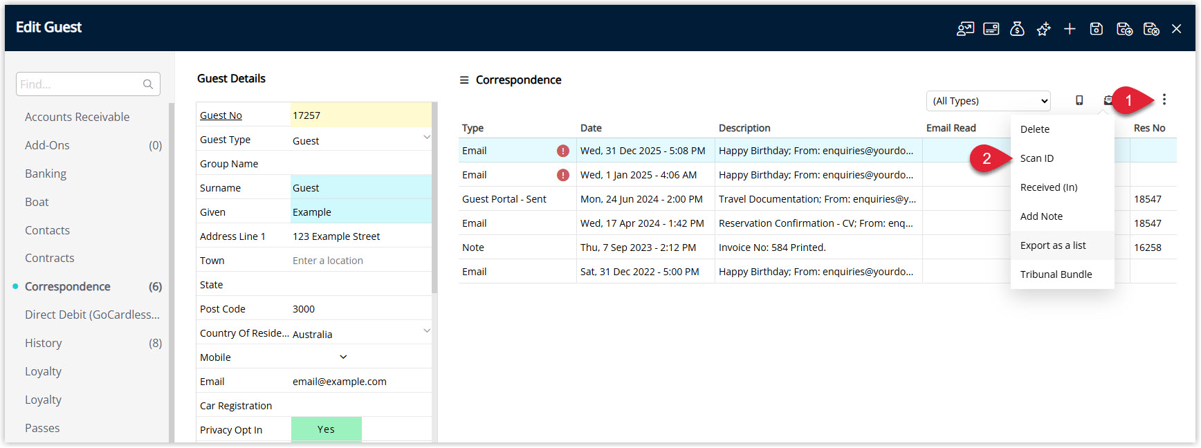 Annotated screenshot of the Edit Guest Correspondence screen in RMS showing the options menu expanded with the Scan ID option highlighted
