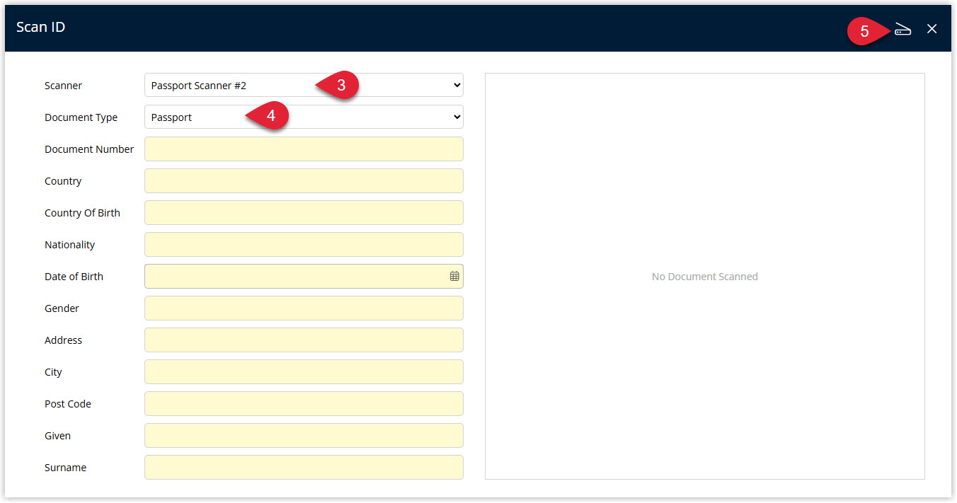 Annotated screenshot of the Scan ID screen in RMS showing the Scanner and Document Type selectors and the captured identity document fields