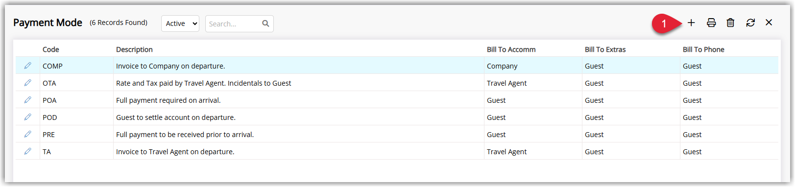 Screenshot of the Payment Mode setup screen in RMS showing a list of existing payment modes with options to add or edit entries..png