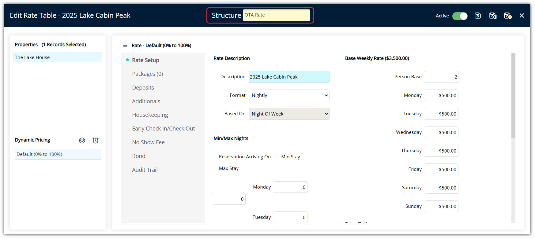 Annotated screenshot of the Edit Rate Table screen in RMS highlighting the Structure field