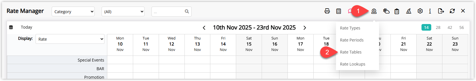 Annotated screenshot of the Rate Manager screen in RMS highlighting the icon that opens the rate setup menu and the Rate Tables option