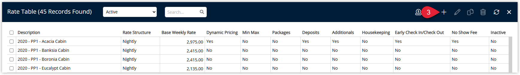 Annotated screenshot of the Rate Table screen in RMS highlighting the add rate table icon
