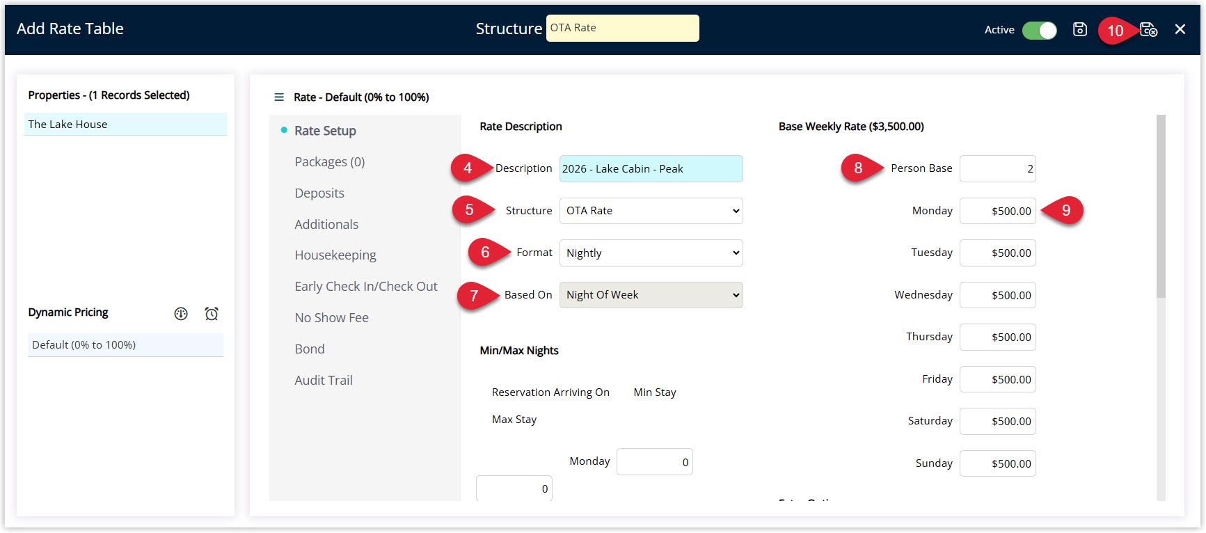 Annotated screenshot of the Add Rate Table screen in RMS highlighting the Description, Structure, Format, Based On, Person Base and daily rate fields and the save icon