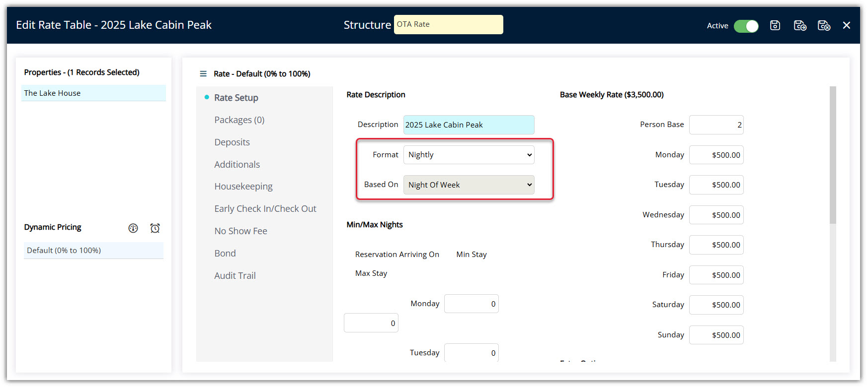 Annotated screenshot of the Edit Rate Table screen in RMS highlighting the Format and Based On fields