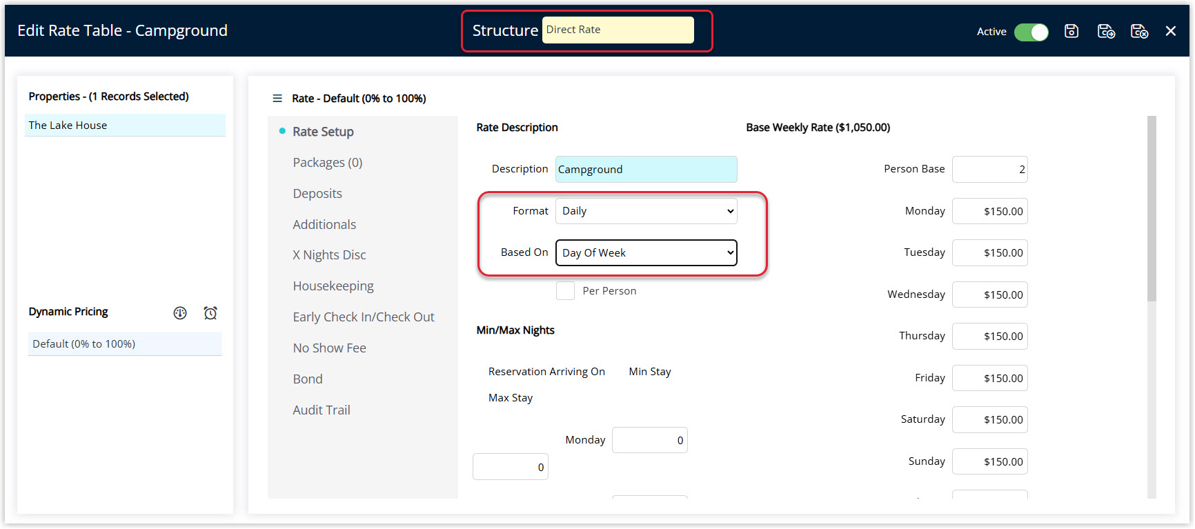 Annotated screenshot of the Edit Rate Table screen in RMS highlighting the Structure field and the Format and Based On fields for a daily rate