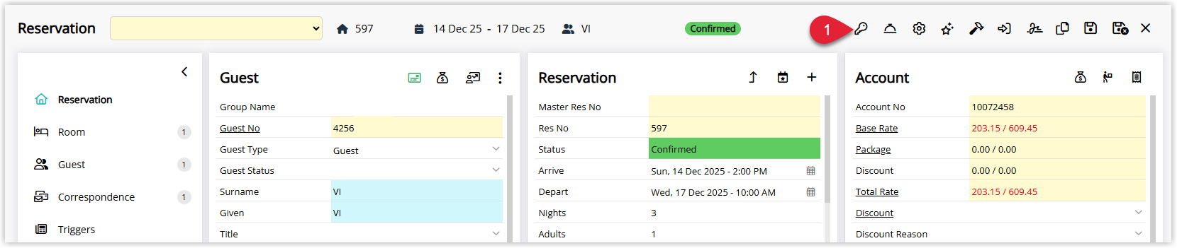 Screenshot of a reservation in RMS with the Extra Door Key option highlighted in the toolbar or actions menu, used to cut additional keys for the guest when a Door Lock module is enabled.