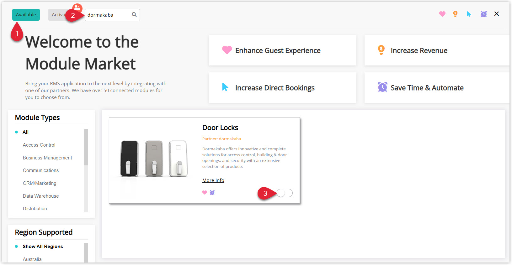 Annotated screenshot of the Module Market in RMS showing the Door Locks module by Partner dormakaba with the activation toggle highlighted