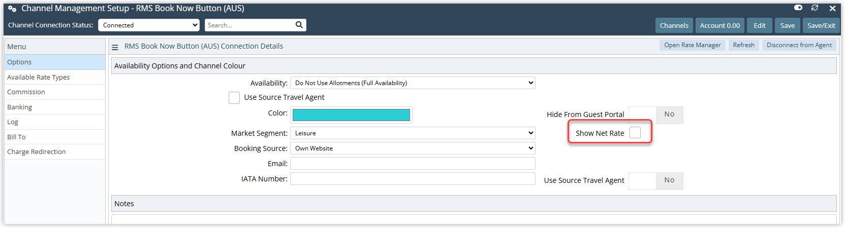 Annotated screenshot of the Channel Management Setup screen in RMS highlighting the Show Net Rate option for the RMS Book Now Button