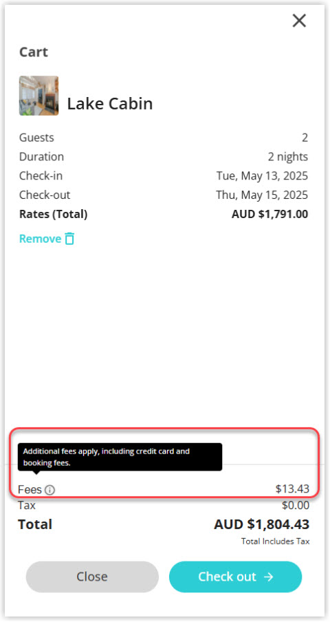 Annotated screenshot of the Booking Engine cart in RMS highlighting the Fees line and its tooltip explaining additional fees