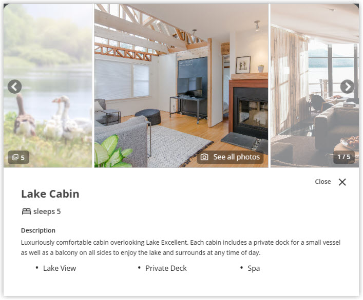 Screenshot of the Booking Engine category details in RMS showing the photo gallery, description and features for a cabin