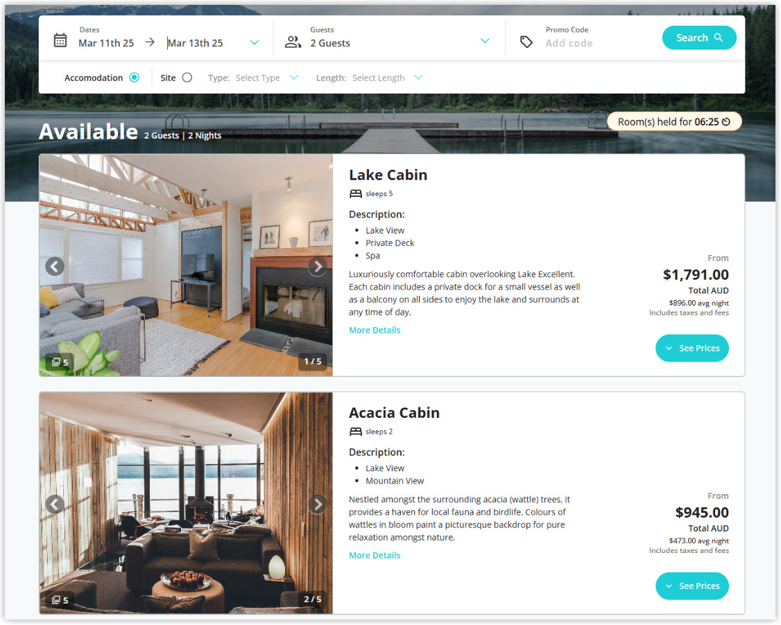 Screenshot of the Booking Engine search results in RMS showing available categories with their rates and the See Prices buttons