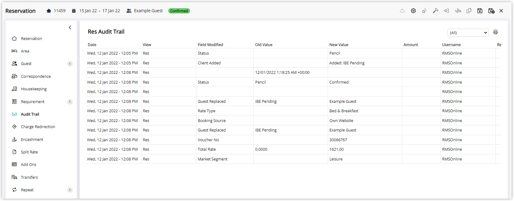 Screenshot of the reservation audit trail in RMS showing the changes recorded when a booking is made through the booking engine