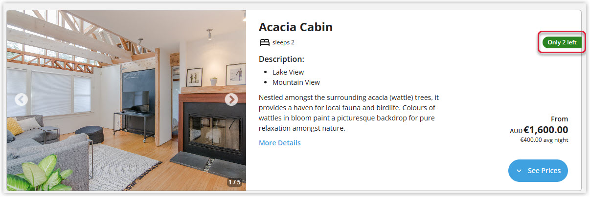 Annotated screenshot of the Booking Engine in RMS highlighting the Only 2 left availability badge on a category