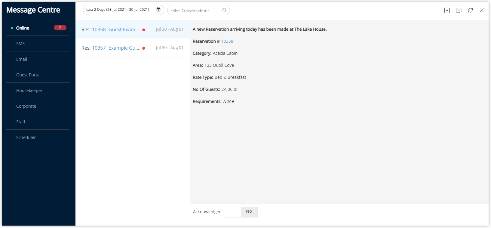 Screenshot of the Message Centre Online channel in RMS showing a new booking engine reservation notification