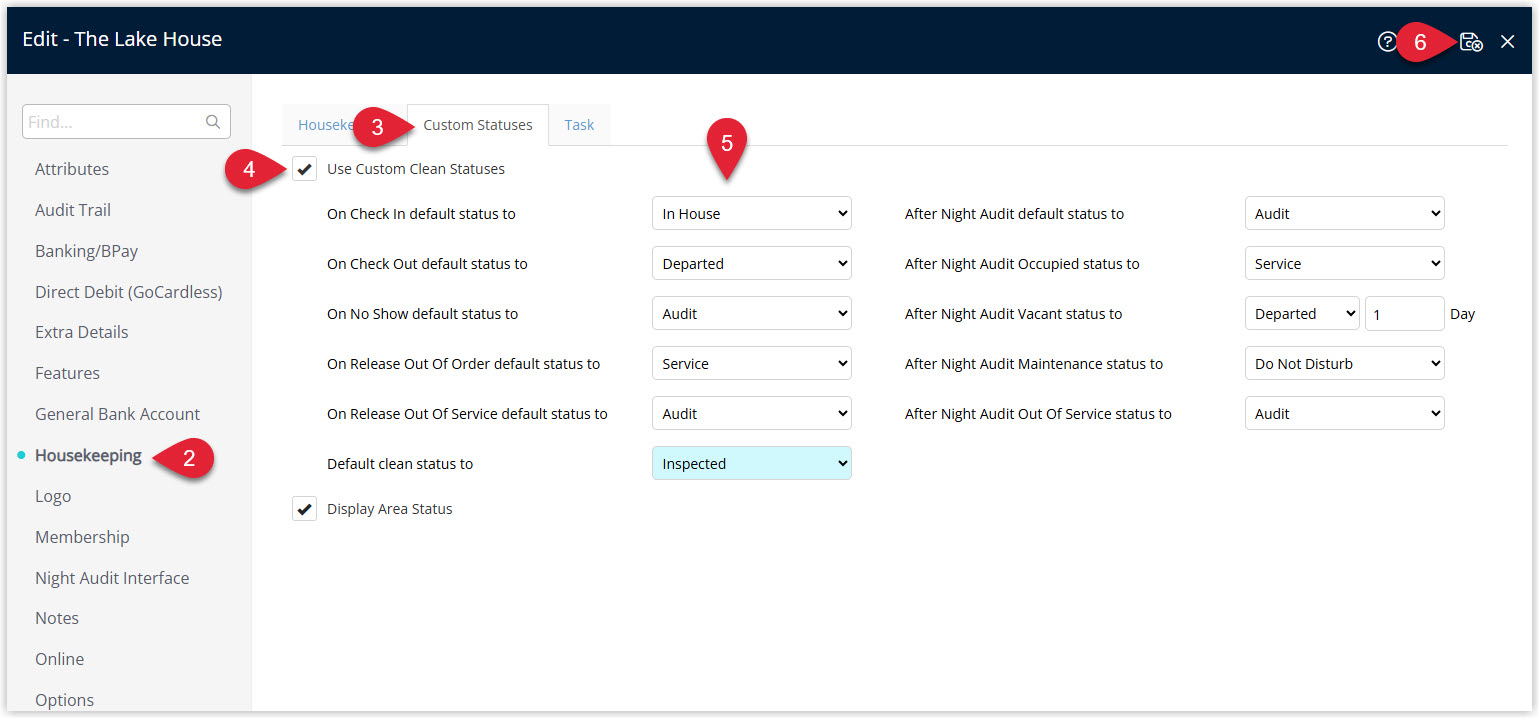 Annotated screenshot of the Property Information Housekeeping tab in RMS showing the Custom Statuses section with the Use Custom Clean Statuses option enabled and the default status mappings for each reservation event