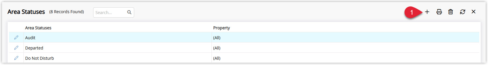 Annotated screenshot of the Area Statuses list in RMS showing the existing statuses such as Audit, Departed, and Do Not Disturb, with the Add button highlighted