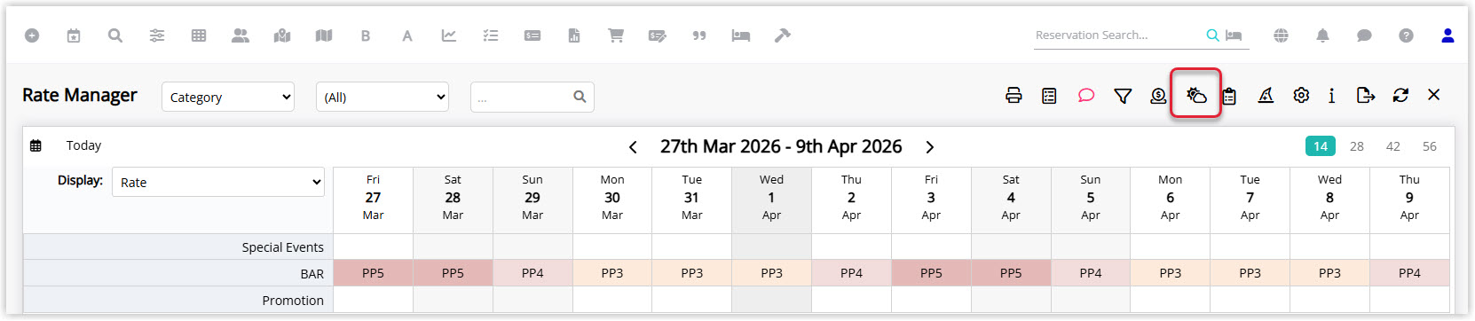 Annotated screenshot of the Rate Manager in RMS with the Daily Summary icon highlighted in the toolbar