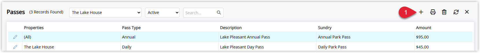 Annotated screenshot of the Passes screen in RMS highlighting the add pass icon