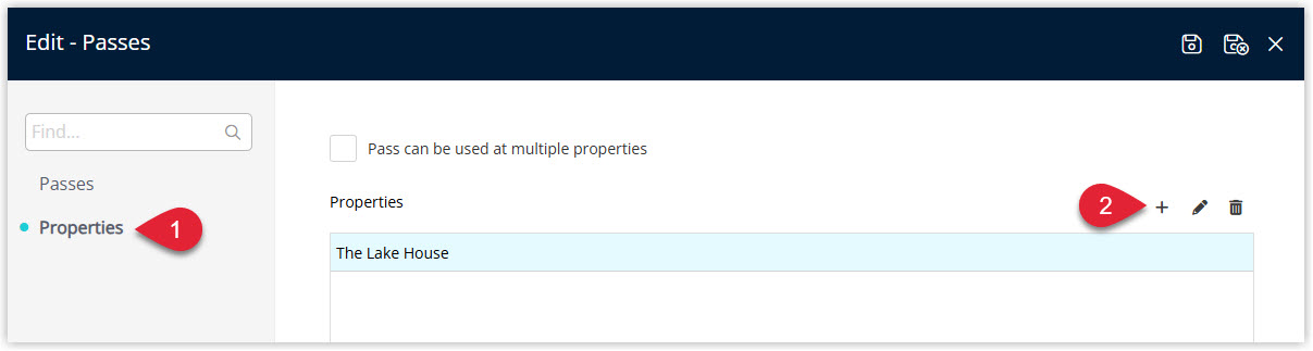 Annotated screenshot of the Edit Passes screen in RMS highlighting the Properties tab and the add property icon