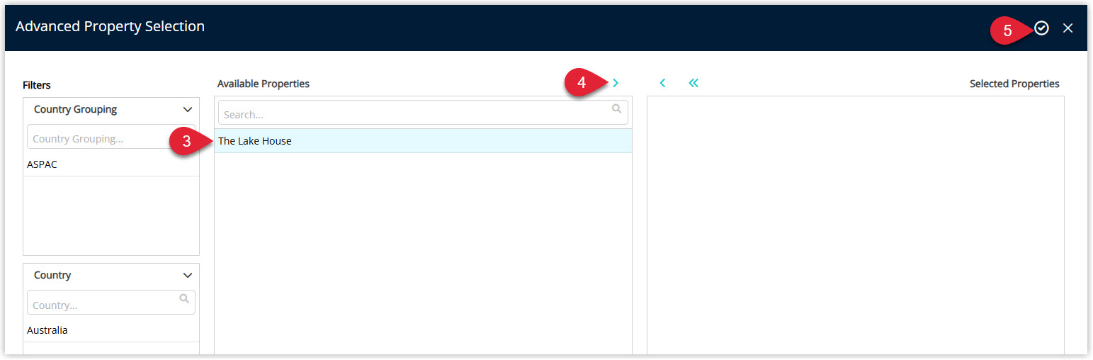 Annotated screenshot of the Advanced Property Selection window in RMS highlighting an available property, the move to selected arrow and the confirm icon