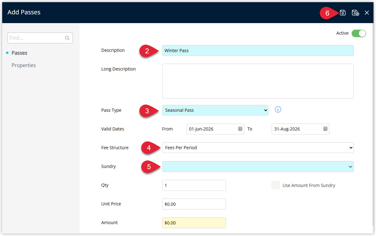 Annotated screenshot of the Add Passes screen in RMS highlighting the Description, Pass Type, Fee Structure and Sundry fields and the save icon