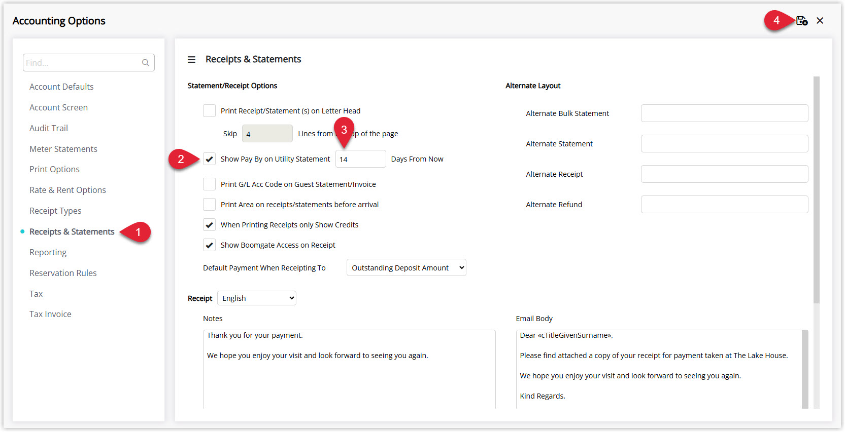 Annotated screenshot of the Accounting Options Receipts & Statements screen in RMS highlighting the Show Pay By on Utility Statement option and its days field
