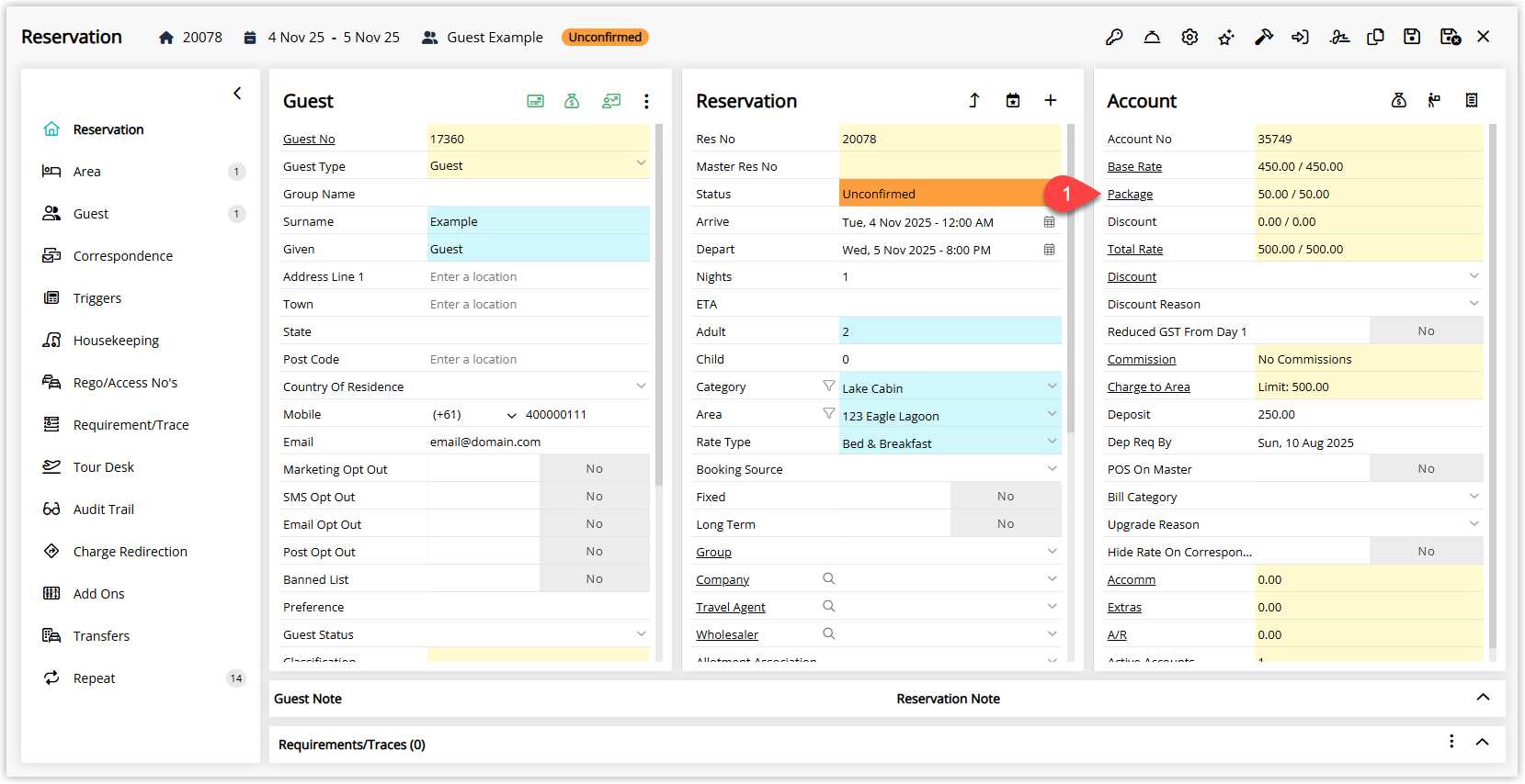 Annotated screenshot of the Reservation screen in RMS highlighting the Package field in the Account panel