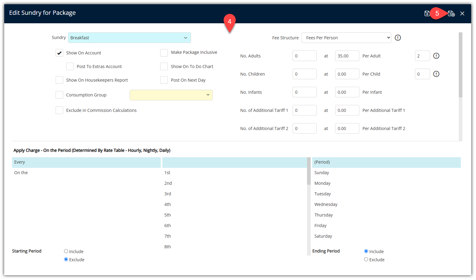 Annotated screenshot of the Edit Sundry for Package dialog in RMS showing the sundry configuration and highlighting the Save and Exit icon