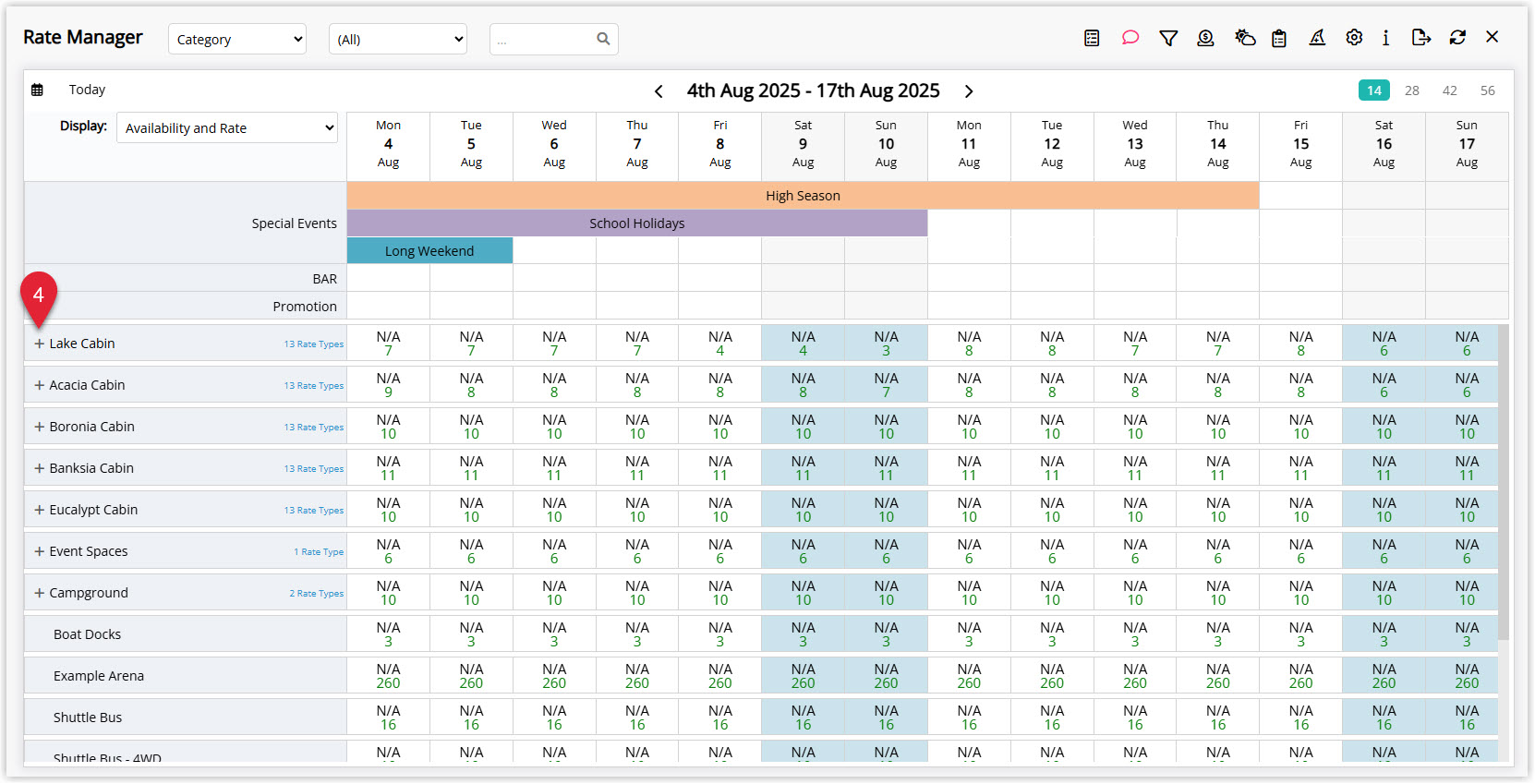 Annotated screenshot of the Rate Manager in RMS with the expand icon highlighted on the Lake Cabin category row