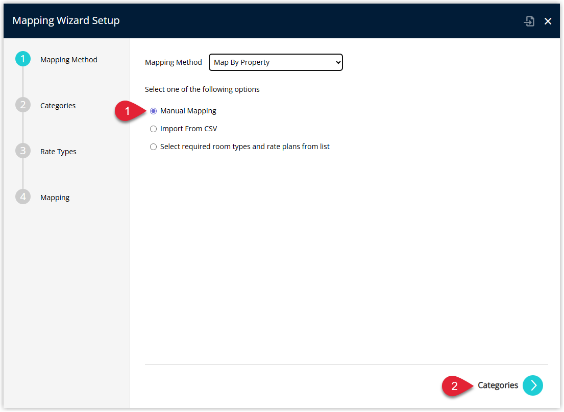 Annotated screenshot of the Mapping Wizard Setup dialog in RMS showing step 1 Mapping Method with step 1 highlighting the Manual Mapping option selected and step 2 highlighting the Categories button to proceed