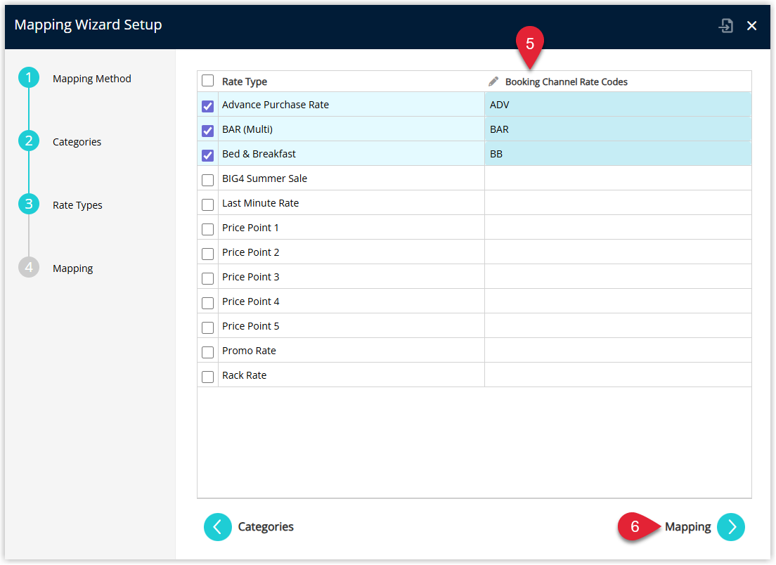 Annotated screenshot of the Mapping Wizard Setup dialog in RMS showing step 3 Rate Types with Advance Purchase Rate, BAR Multi and Bed and Breakfast selected with their booking channel rate codes entered, with step 5 highlighting the edit codes column and step 6 highlighting the Mapping button to proceed