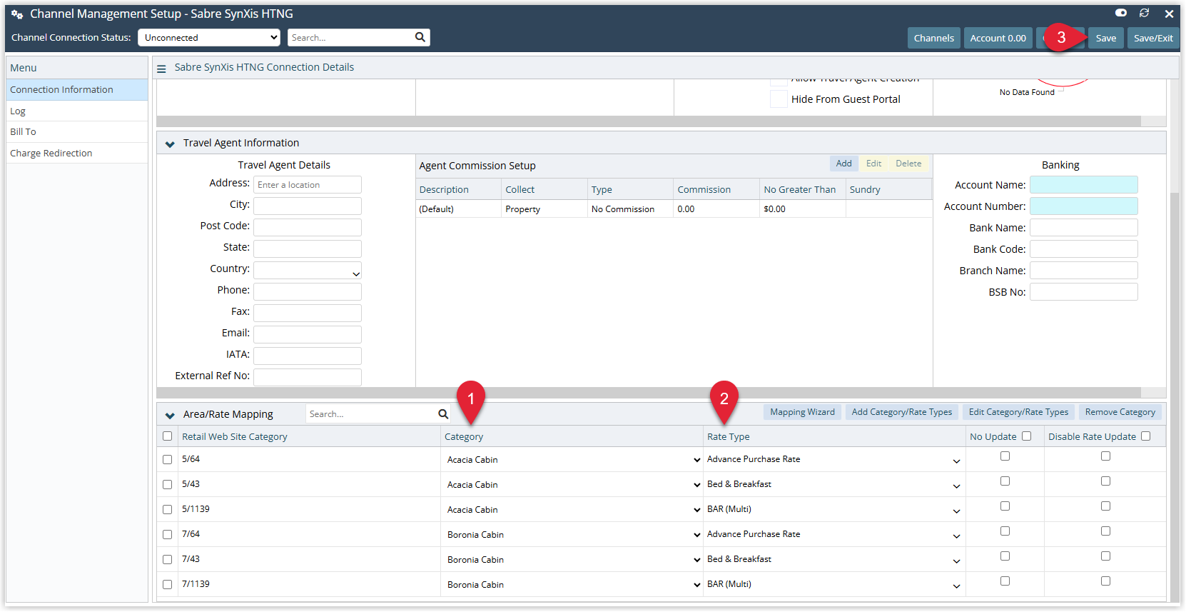 Annotated screenshot of the Channel Management Setup screen in RMS for Sabre SynXis HTNG showing the Area/Rate Mapping section with category and rate type combinations listed for Acacia Cabin and Boronia Cabin, with step 1 highlighting the search field, step 2 highlighting the Rate Type column and step 3 highlighting the Save button