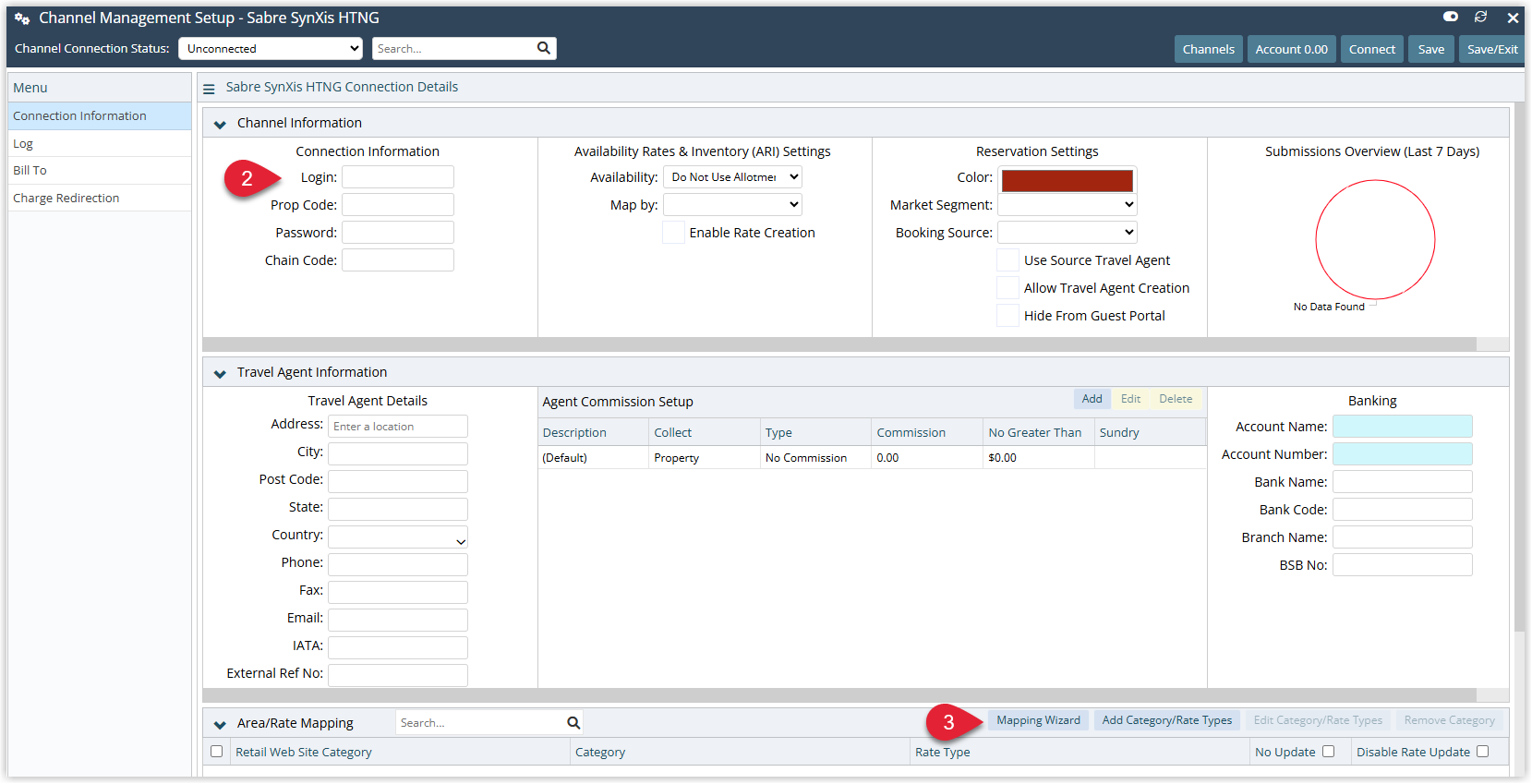 Annotated screenshot of the Channel Management Setup screen in RMS for Sabre SynXis HTNG showing the Connection Information, Availability Rates and Inventory Settings, Reservation Settings and Area/Rate Mapping sections, with step 2 highlighting the Login field and step 3 highlighting the Mapping Wizard button