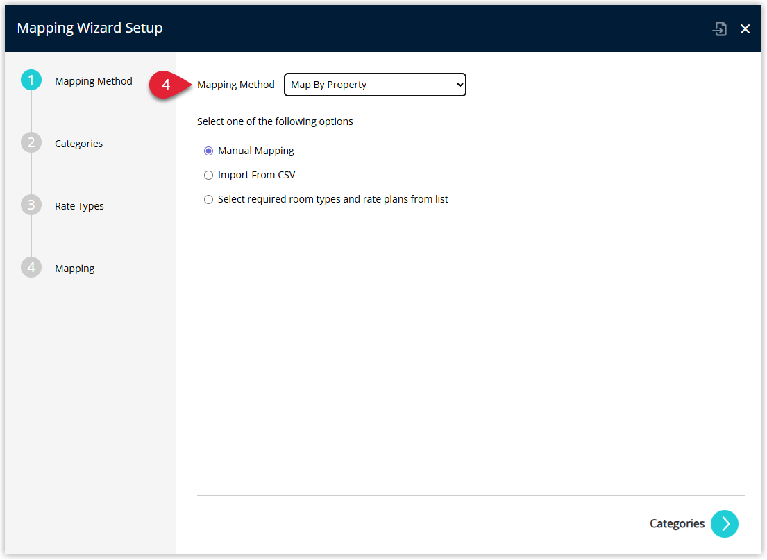 Annotated screenshot of the Mapping Wizard Setup dialog in RMS showing step 1 Mapping Method with the Mapping Method field set to Map By Property, with step 4 highlighting the Mapping Method dropdown
