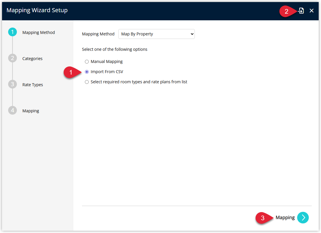 Annotated screenshot of the Mapping Wizard Setup dialog in RMS showing step 1 Mapping Method with step 1 highlighting the Import From CSV option selected and step 2 highlighting the Mapping button to proceed