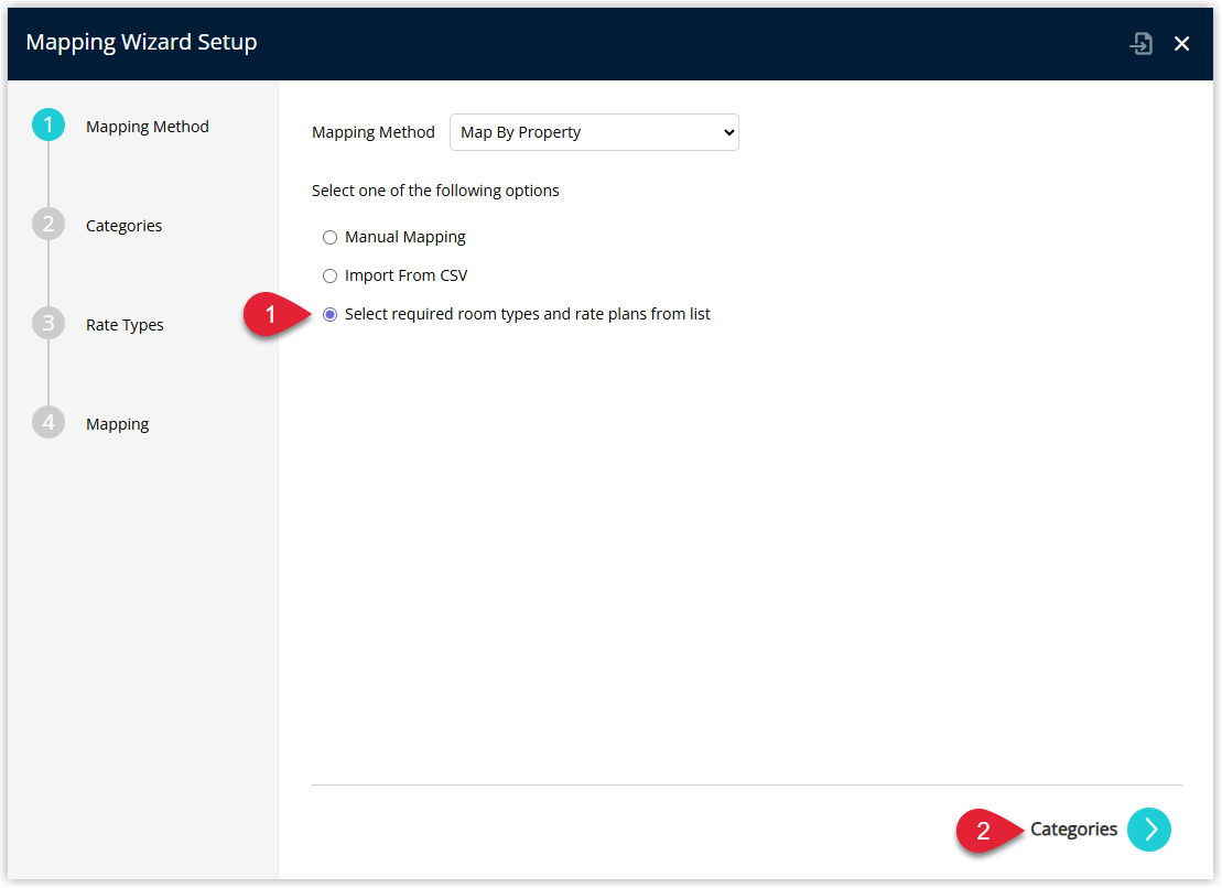 Annotated screenshot of the Mapping Wizard Setup dialog in RMS showing step 1 Mapping Method with step 1 highlighting the Select required room types and rate plans from list option and step 2 highlighting the Categories button to proceed