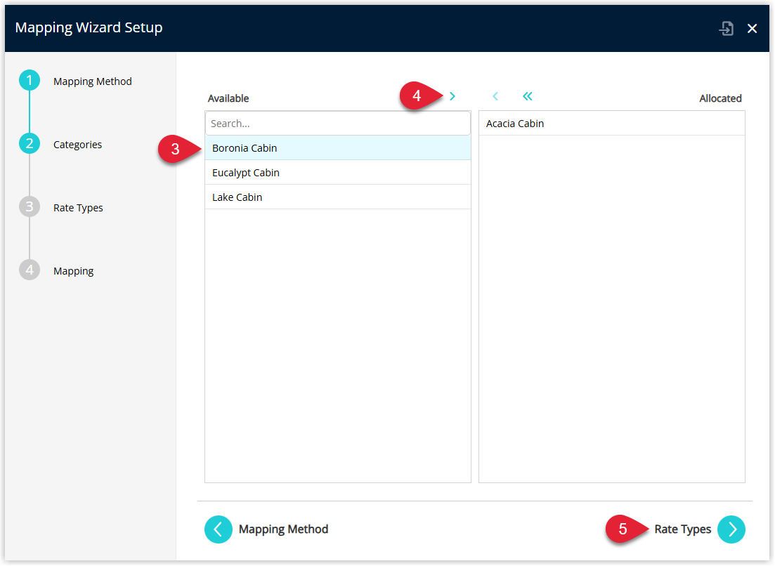 Annotated screenshot of the Mapping Wizard Setup dialog in RMS showing step 2 Categories with Available and Allocated lists, step 3 highlighting Boronia Cabin in the Available list, step 4 highlighting the move to Allocated button, and step 5 highlighting the Rate Types button to proceed