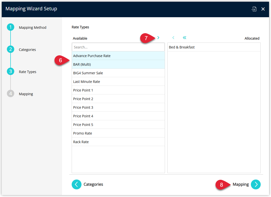 Annotated screenshot of the Mapping Wizard Setup dialog in RMS showing step 3 Rate Types with Available and Allocated lists, step 6 highlighting BAR Multi in the Available list, step 7 highlighting the move to Allocated button, and step 8 highlighting the Mapping button to proceed