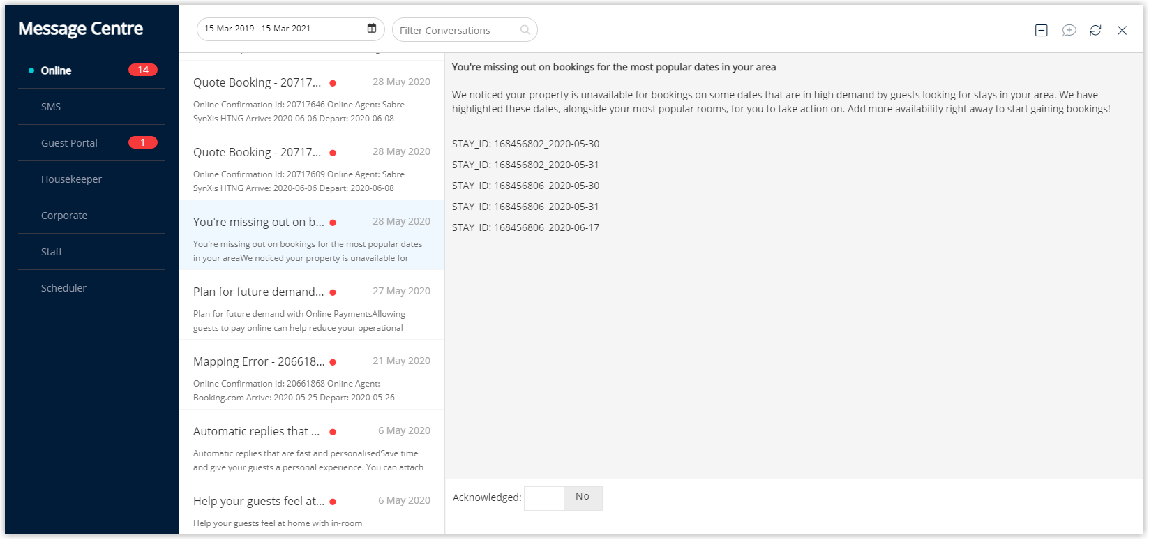 Screenshot of the Message Centre Online tab in RMS showing a Booking.com opportunity message about missing out on bookings for popular dates