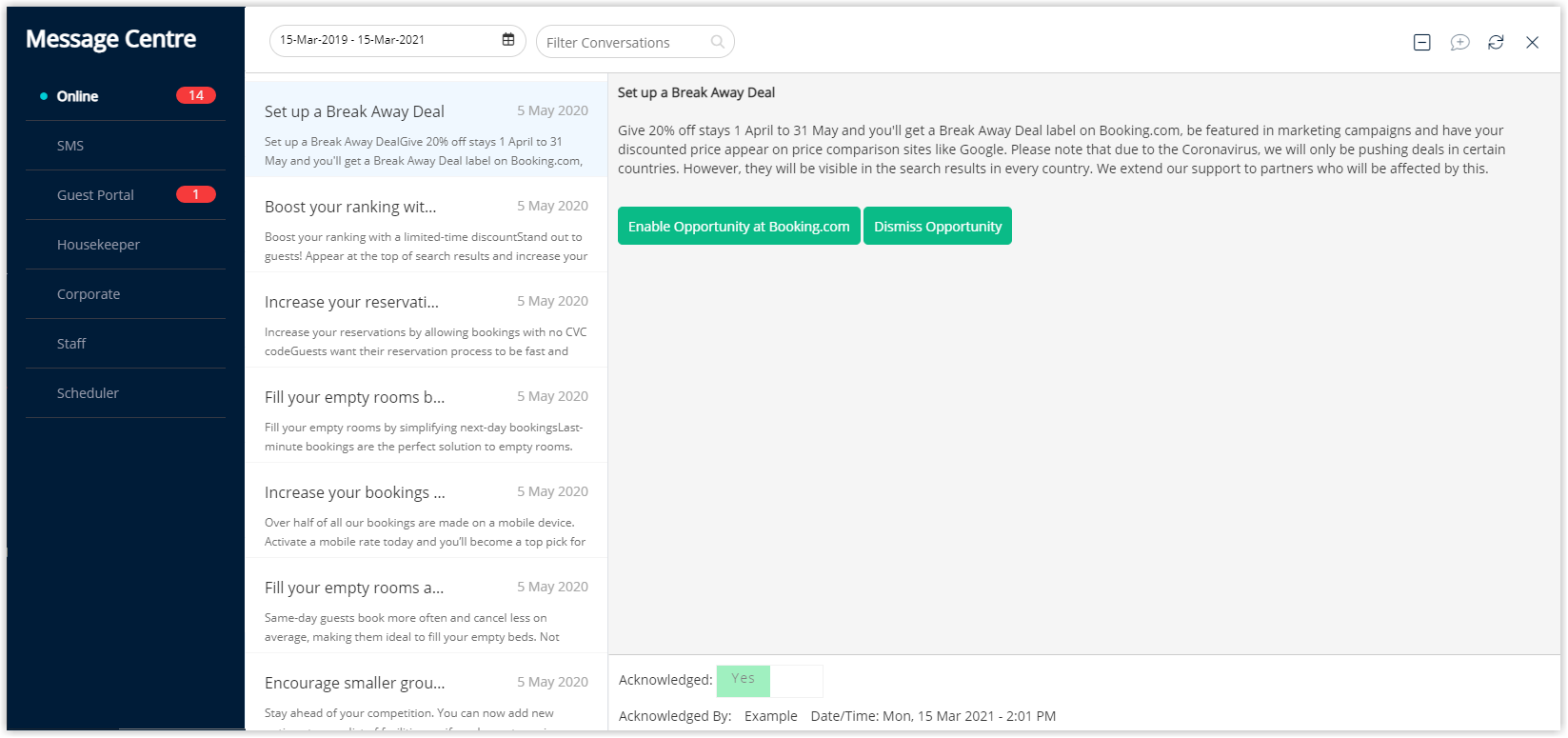 Screenshot of the Message Centre Online tab in RMS showing a Booking.com opportunity message to set up a Break Away Deal with Enable and Dismiss options