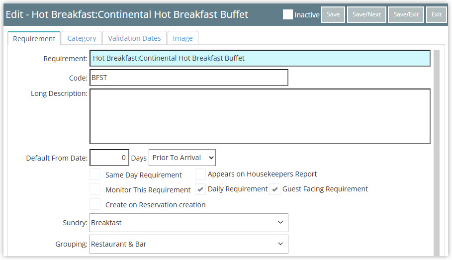 Screenshot of the Edit Requirement screen in RMS showing a Hot Breakfast requirement with its Code, Daily Requirement, Guest Facing Requirement, and Sundry settings