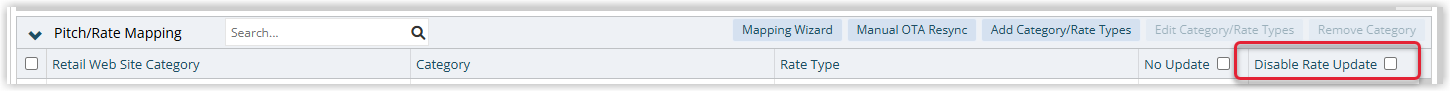 Annotated screenshot of the Pitch/Rate Mapping section in RMS highlighting the Disable Rate Update checkbox