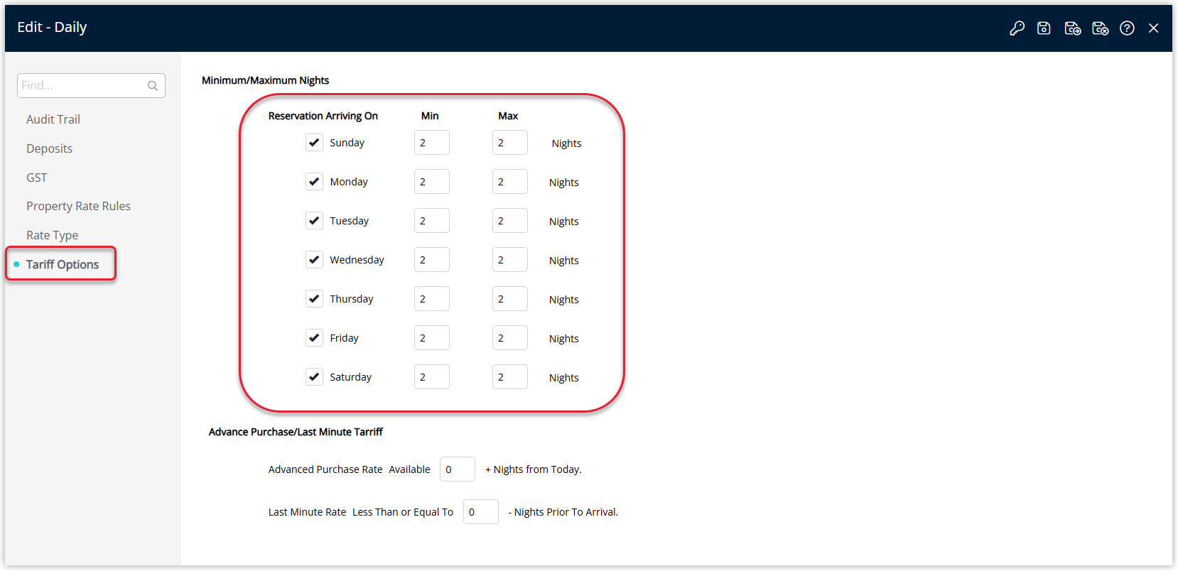 Annotated screenshot of the Tariff Options menu in the Edit Rate Type window in RMS highlighting the Minimum/Maximum Nights settings