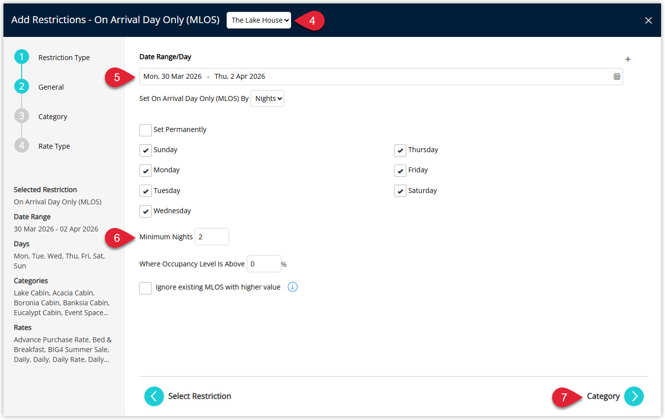 Annotated screenshot of the Add Restrictions On Arrival Day Only (MLOS) General screen in RMS highlighting the property, date range, Minimum Nights field and the Category button
