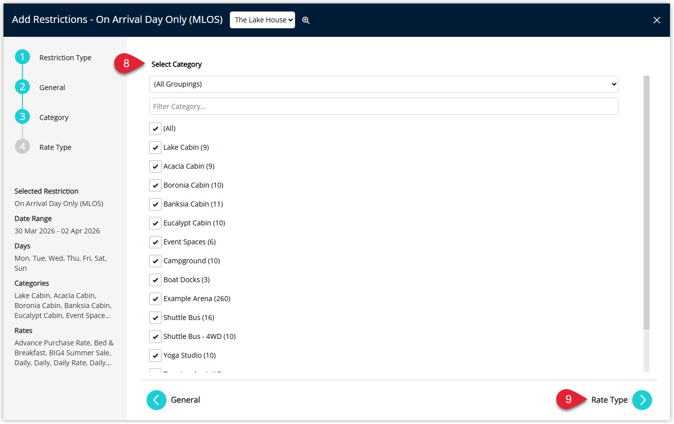Annotated screenshot of the Add Restrictions On Arrival Day Only (MLOS) Category screen in RMS highlighting the category selection and the Rate Type button