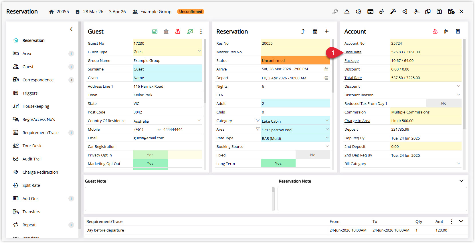 Annotated screenshot of the Reservation screen in RMS highlighting the Base Rate link in the Account panel
