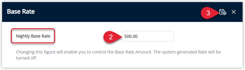Annotated screenshot of the Base Rate window in RMS highlighting the rate type label, the override amount field and the save icon