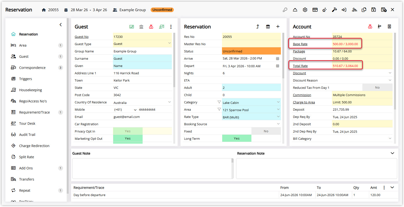 Annotated screenshot of the Reservation screen in RMS highlighting the updated Base Rate and Total Rate in the Account panel after the override